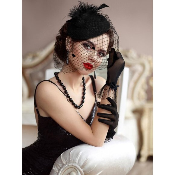 Women’s 50s Fascinators Feather Pillbox Hat Lace Gloves for Weddings Parties - Picture 4 of 7